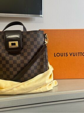 Louis Vuitton Damier Ebene Checkerboard Brown Top Handle Bag with Gold Hardware